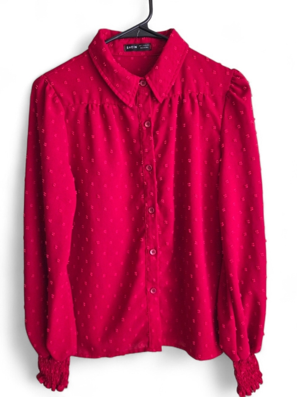 SHEIN Bright Red Textured Button-Down Blouse